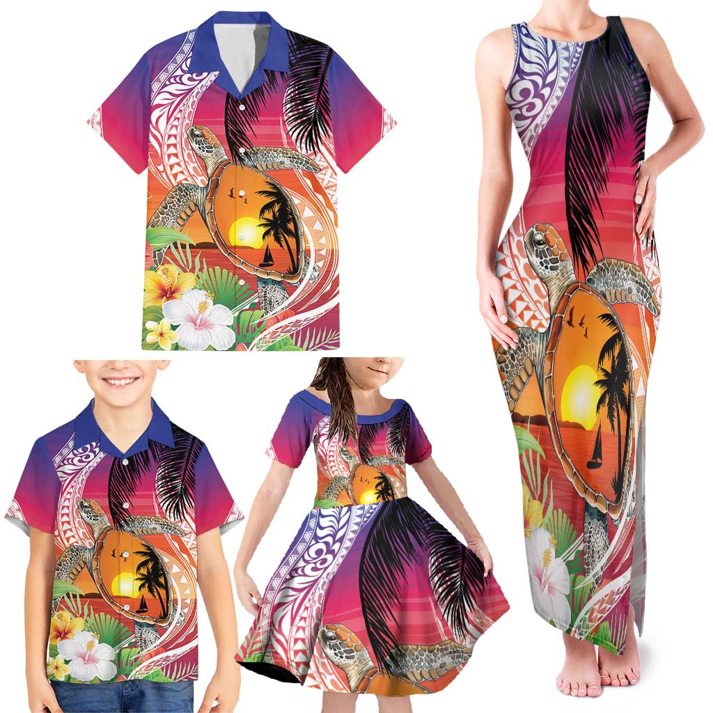 Polynesian Dreamy Turtle Family Matching Tank Maxi Dress and Hawaiian Shirt Sunset Scenery LT7 - Polynesian Pride