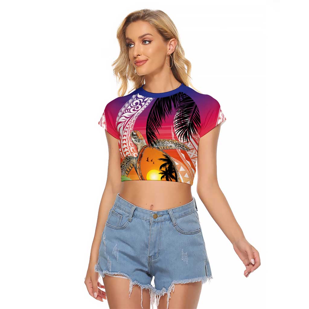 Polynesian Dreamy Turtle Raglan Cropped T Shirt Sunset Scenery