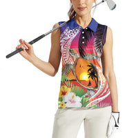 Polynesian Dreamy Turtle Women Sleeveless Polo Shirt Sunset Scenery