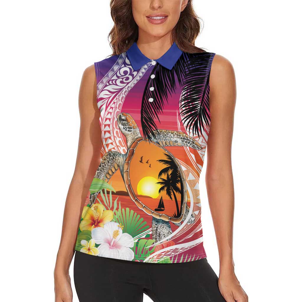 Polynesian Dreamy Turtle Women Sleeveless Polo Shirt Sunset Scenery