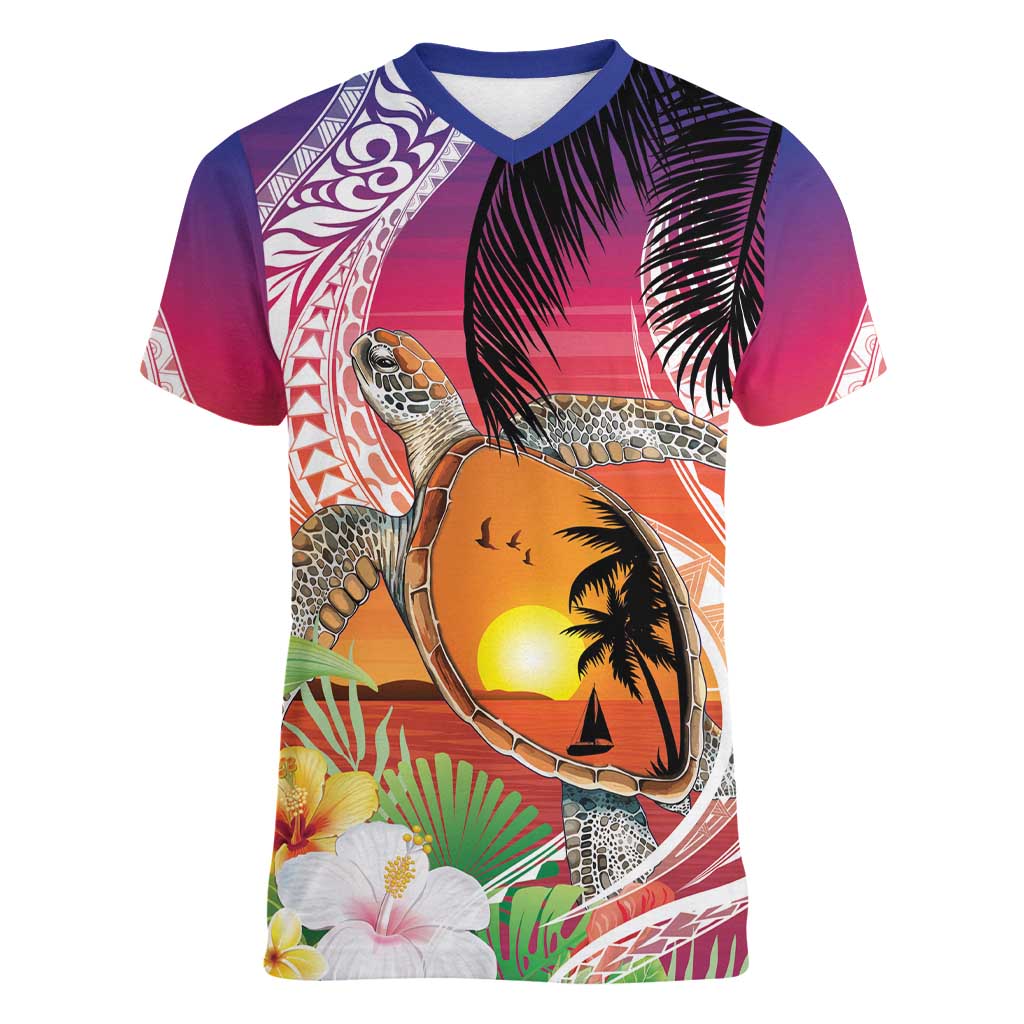 Polynesian Dreamy Turtle Women V-Neck T-Shirt Sunset Scenery