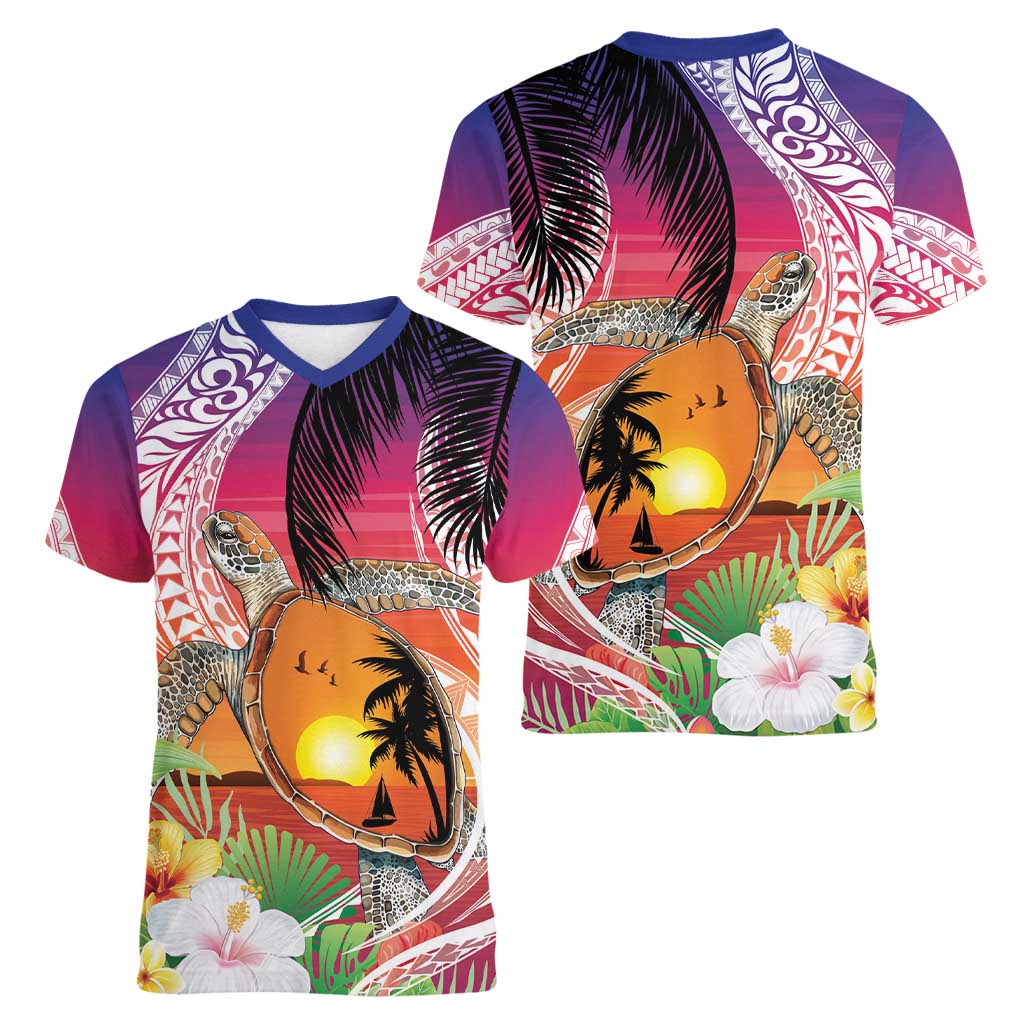 Polynesian Dreamy Turtle Women V-Neck T-Shirt Sunset Scenery