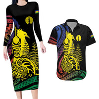 New Caledonia Kanaky Couples Matching Long Sleeve Bodycon Dress and Hawaiian Shirt Stylized Fleche Faitiere With Kagu Bird LT7 Black - Polynesian Pride