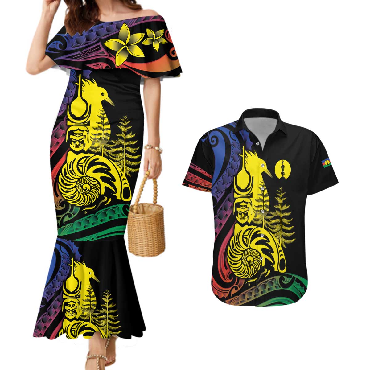 New Caledonia Kanaky Couples Matching Mermaid Dress and Hawaiian Shirt Stylized Fleche Faitiere With Kagu Bird LT7 Black - Polynesian Pride