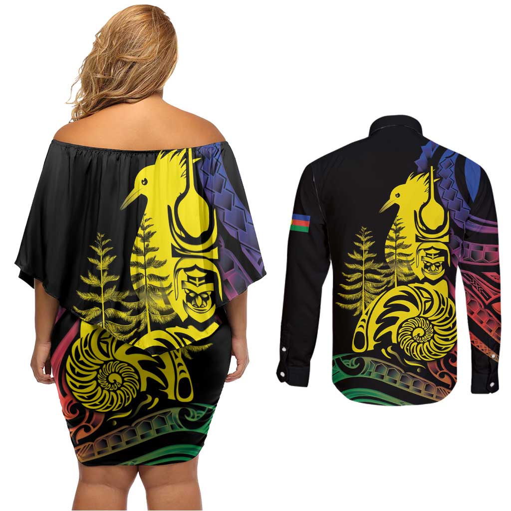 New Caledonia Kanaky Couples Matching Off Shoulder Short Dress and Long Sleeve Button Shirt Stylized Fleche Faitiere With Kagu Bird