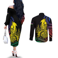 New Caledonia Kanaky Couples Matching Off The Shoulder Long Sleeve Dress and Long Sleeve Button Shirt Stylized Fleche Faitiere With Kagu Bird