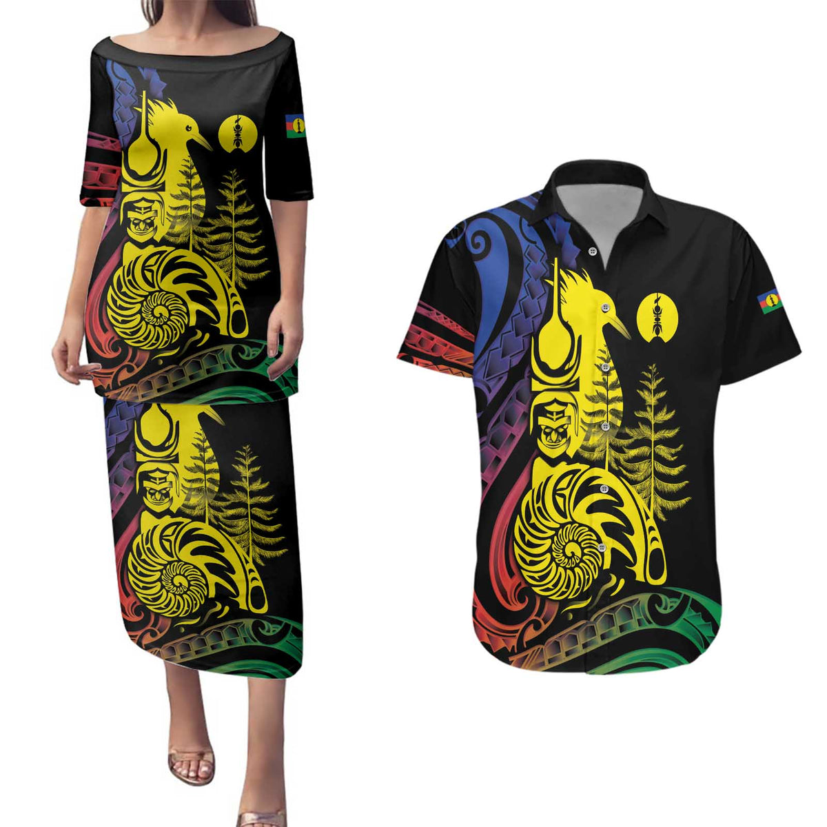 New Caledonia Kanaky Couples Matching Puletasi and Hawaiian Shirt Stylized Fleche Faitiere With Kagu Bird