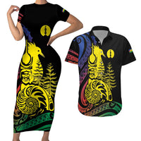 New Caledonia Kanaky Couples Matching Short Sleeve Bodycon Dress and Hawaiian Shirt Stylized Fleche Faitiere With Kagu Bird LT7 Black - Polynesian Pride