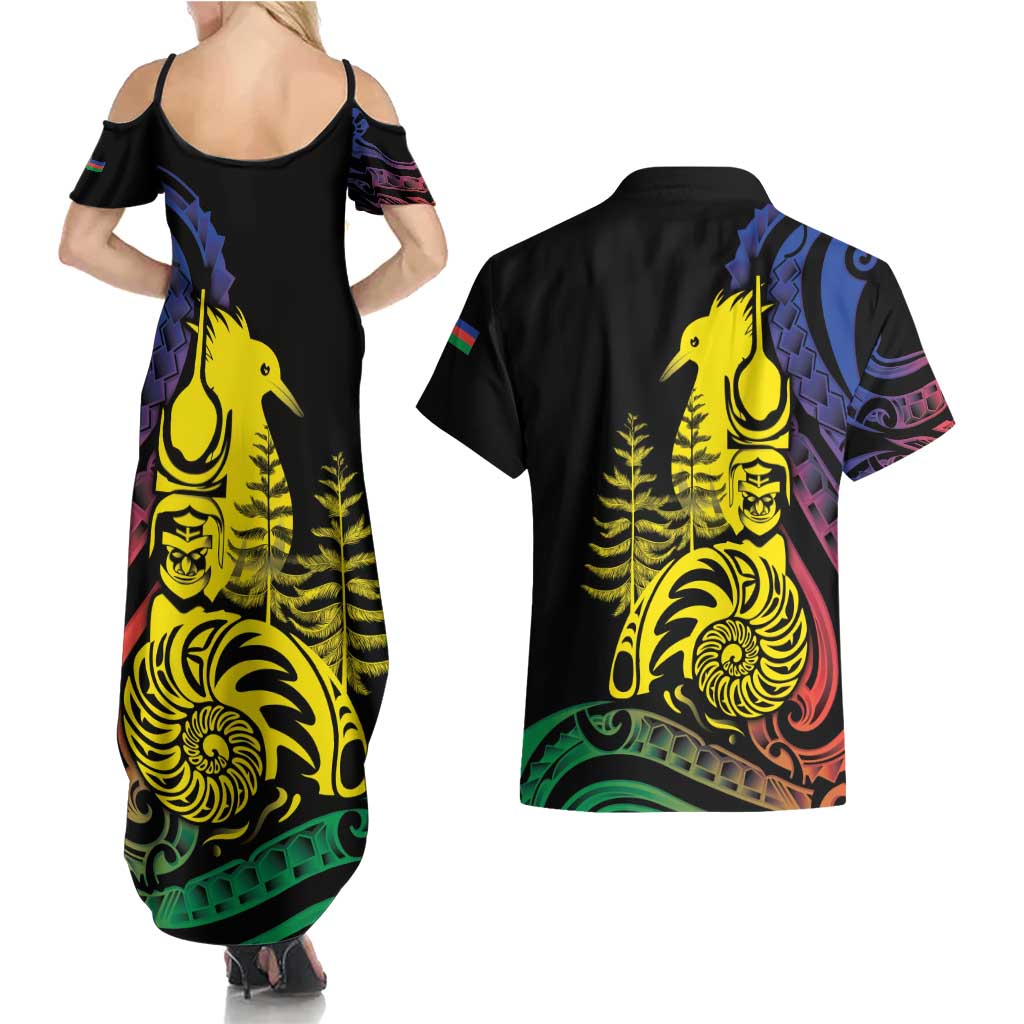 New Caledonia Kanaky Couples Matching Summer Maxi Dress and Hawaiian Shirt Stylized Fleche Faitiere With Kagu Bird