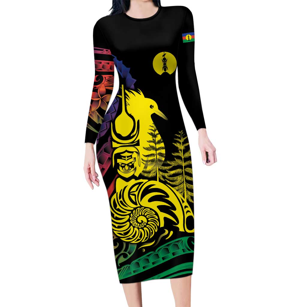 New Caledonia Kanaky Family Matching Long Sleeve Bodycon Dress and Hawaiian Shirt Stylized Fleche Faitiere With Kagu Bird LT7 Mom's Dress Black - Polynesian Pride
