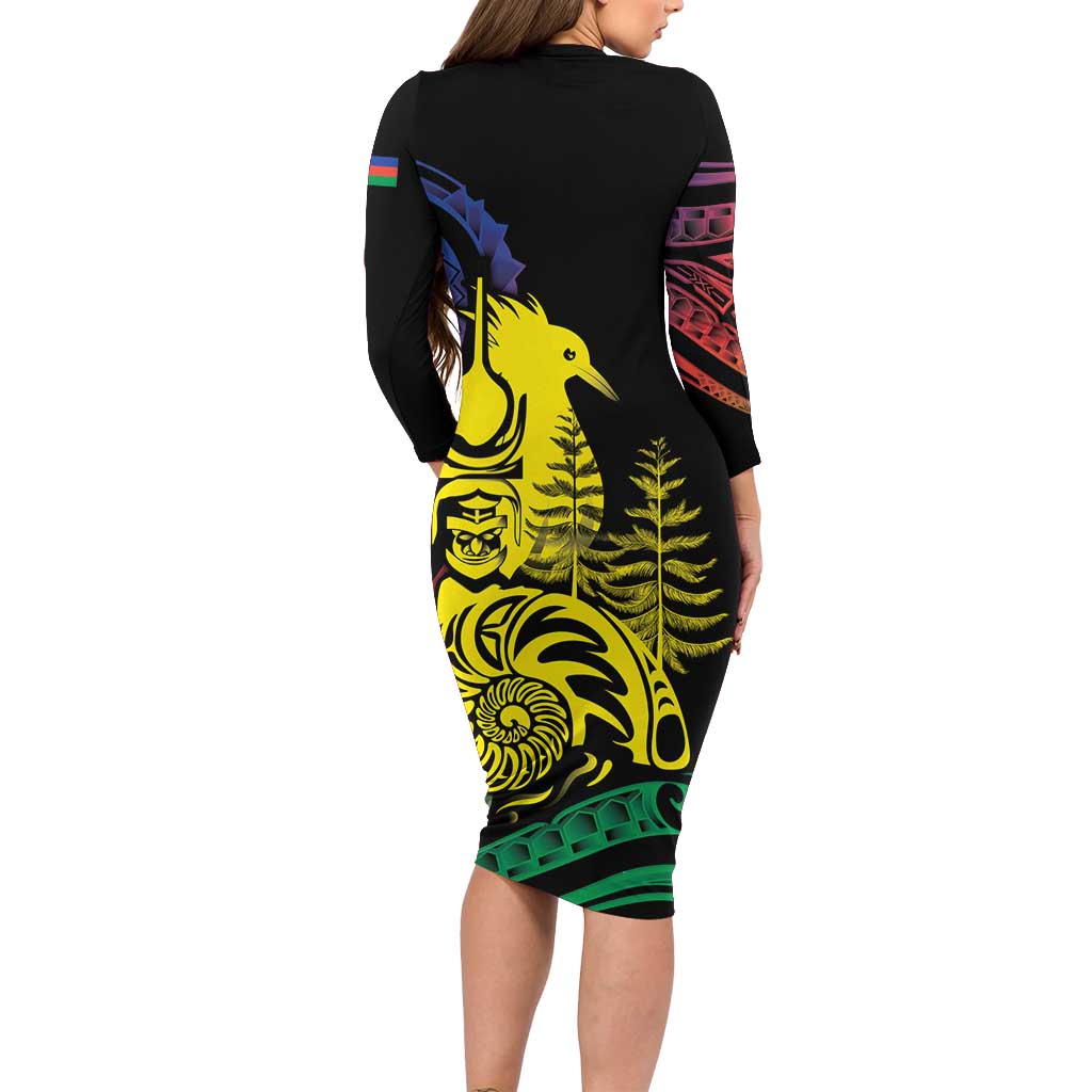 New Caledonia Kanaky Family Matching Long Sleeve Bodycon Dress and Hawaiian Shirt Stylized Fleche Faitiere With Kagu Bird LT7 - Polynesian Pride