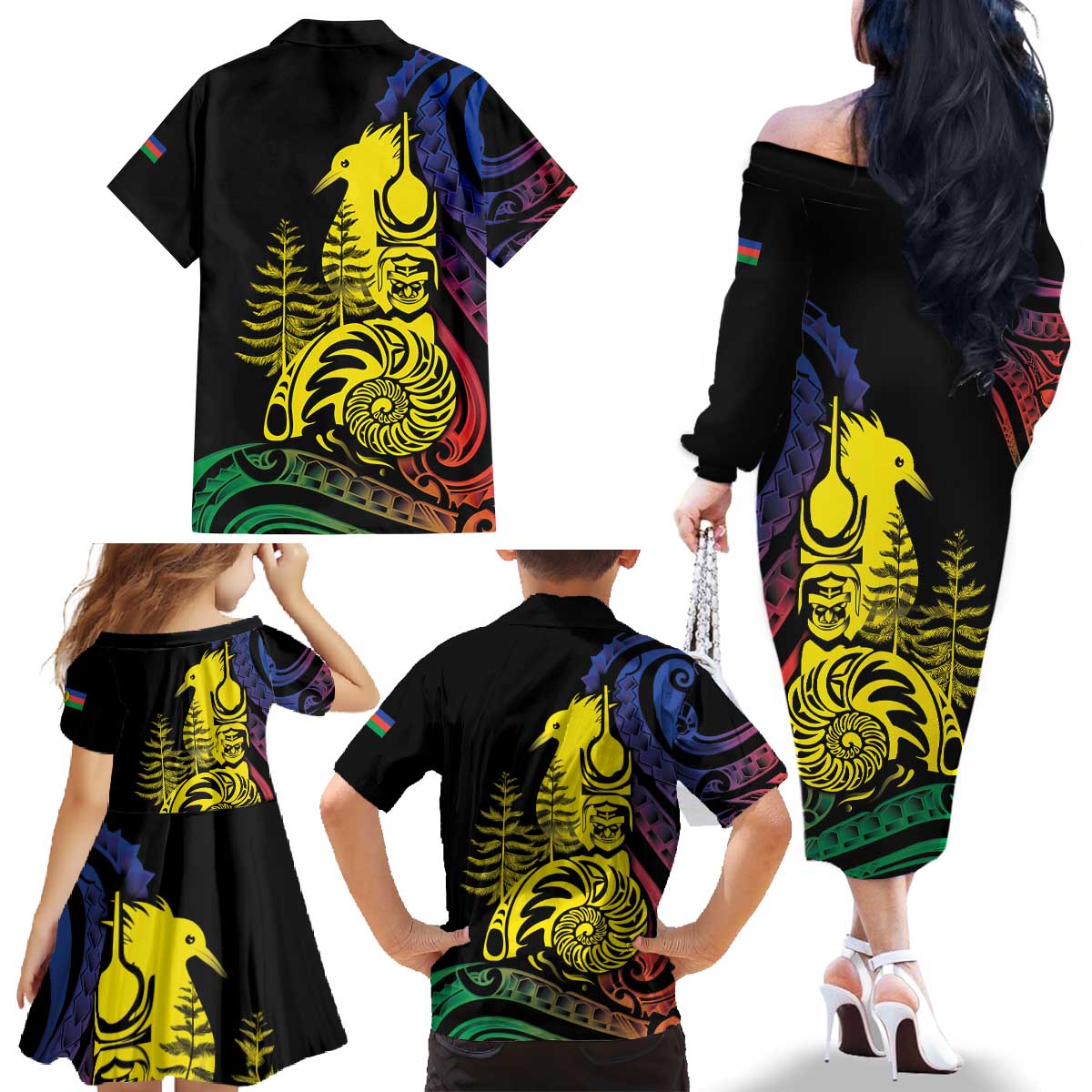 New Caledonia Kanaky Family Matching Off The Shoulder Long Sleeve Dress and Hawaiian Shirt Stylized Fleche Faitiere With Kagu Bird LT7 - Polynesian Pride