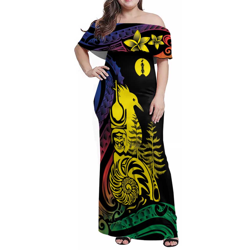 New Caledonia Kanaky Family Matching Off Shoulder Maxi Dress and Hawaiian Shirt Stylized Fleche Faitiere With Kagu Bird LT7 Mom's Dress Black - Polynesian Pride