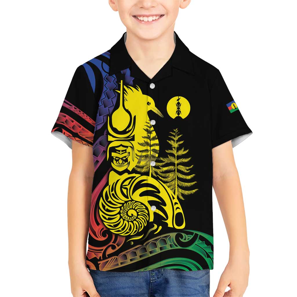 New Caledonia Kanaky Family Matching Off Shoulder Maxi Dress and Hawaiian Shirt Stylized Fleche Faitiere With Kagu Bird LT7 Son's Shirt Black - Polynesian Pride