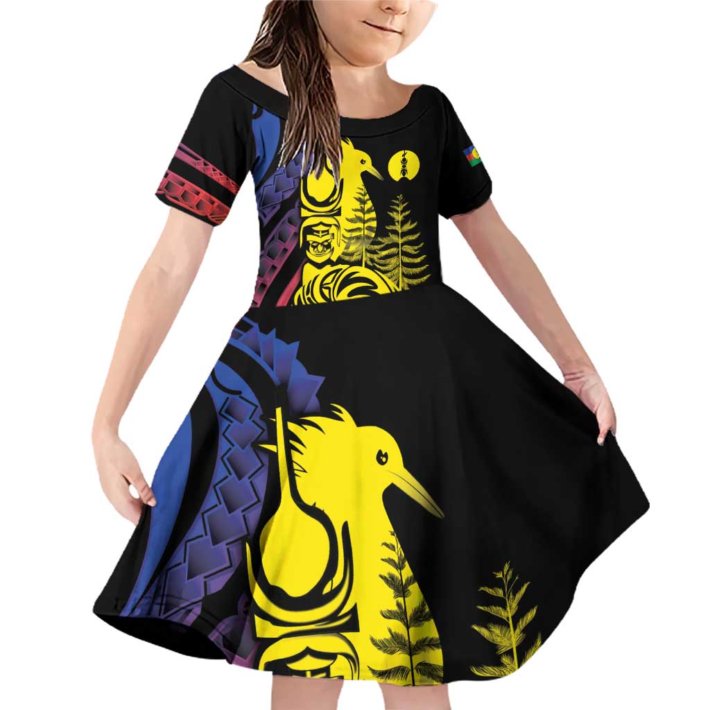 New Caledonia Kanaky Family Matching Off Shoulder Short Dress and Hawaiian Shirt Stylized Fleche Faitiere With Kagu Bird LT7 Daughter's Dress Black - Polynesian Pride