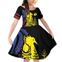 New Caledonia Kanaky Family Matching Off Shoulder Short Dress and Hawaiian Shirt Stylized Fleche Faitiere With Kagu Bird LT7 Daughter's Dress Black - Polynesian Pride