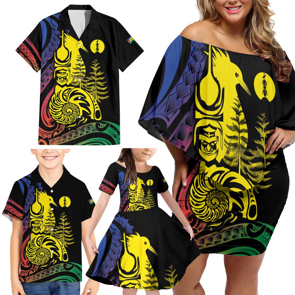New Caledonia Kanaky Family Matching Off Shoulder Short Dress and Hawaiian Shirt Stylized Fleche Faitiere With Kagu Bird LT7 - Polynesian Pride