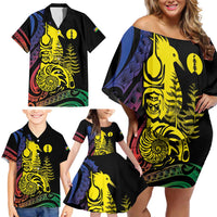 New Caledonia Kanaky Family Matching Off Shoulder Short Dress and Hawaiian Shirt Stylized Fleche Faitiere With Kagu Bird LT7 - Polynesian Pride