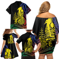New Caledonia Kanaky Family Matching Off Shoulder Short Dress and Hawaiian Shirt Stylized Fleche Faitiere With Kagu Bird LT7 - Polynesian Pride