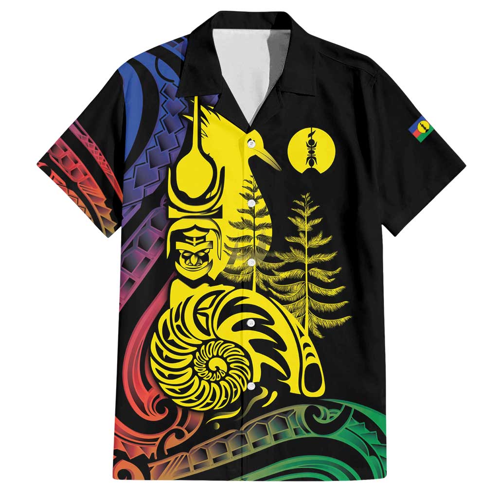 New Caledonia Kanaky Family Matching Off Shoulder Short Dress and Hawaiian Shirt Stylized Fleche Faitiere With Kagu Bird LT7 Dad's Shirt - Short Sleeve Black - Polynesian Pride