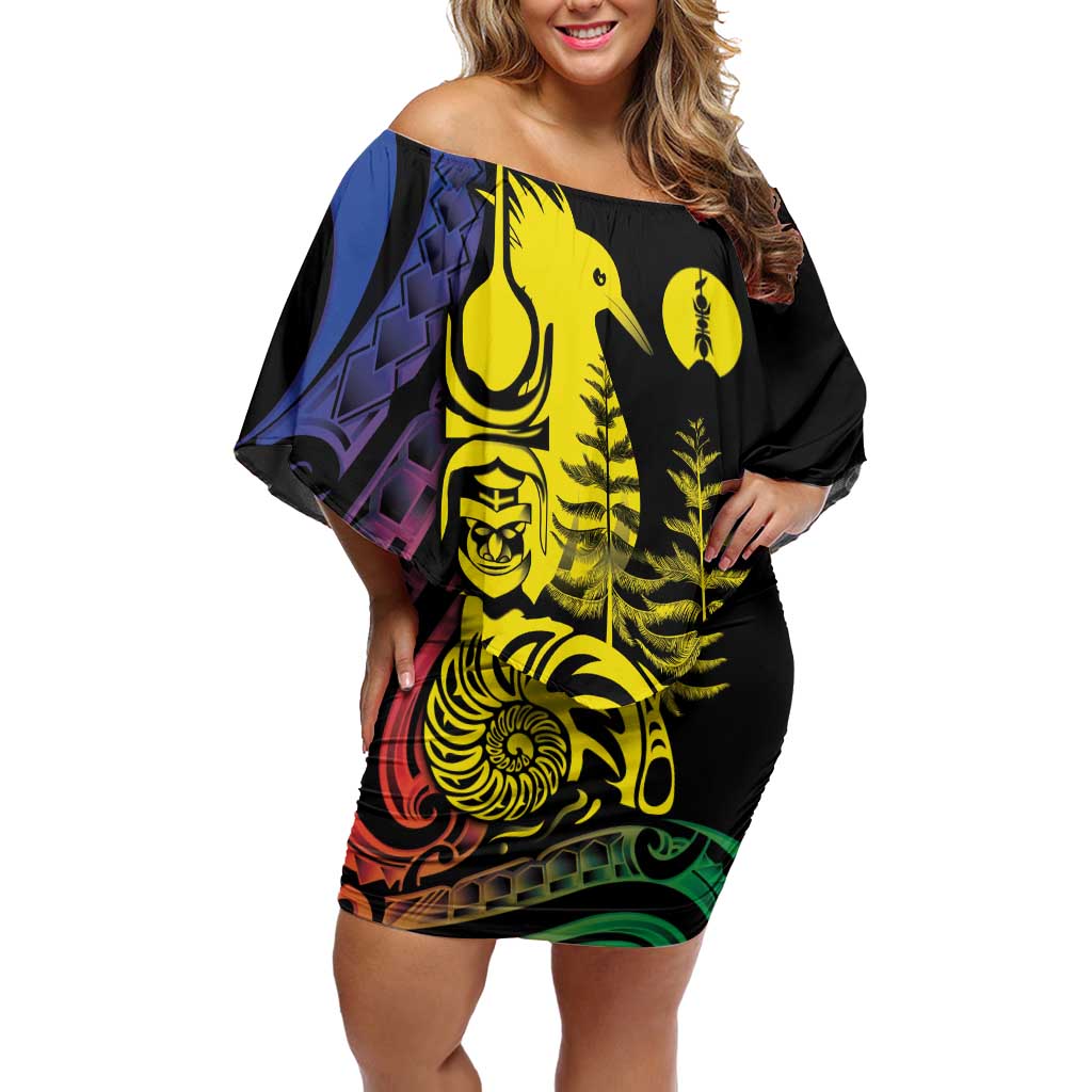 New Caledonia Kanaky Family Matching Off Shoulder Short Dress and Hawaiian Shirt Stylized Fleche Faitiere With Kagu Bird LT7 Mom's Dress Black - Polynesian Pride