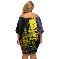 New Caledonia Kanaky Family Matching Off Shoulder Short Dress and Hawaiian Shirt Stylized Fleche Faitiere With Kagu Bird LT7 - Polynesian Pride