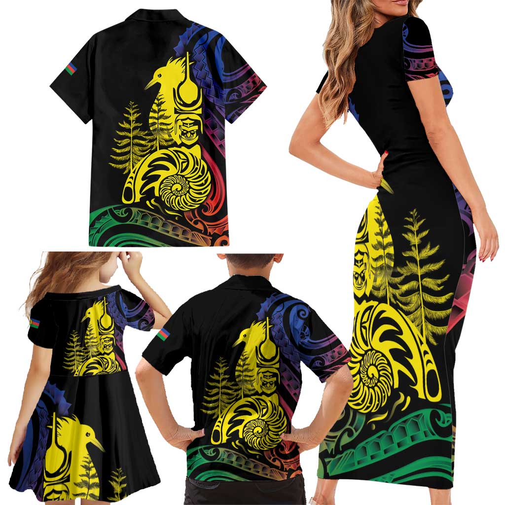 New Caledonia Kanaky Family Matching Short Sleeve Bodycon Dress and Hawaiian Shirt Stylized Fleche Faitiere With Kagu Bird LT7 - Polynesian Pride