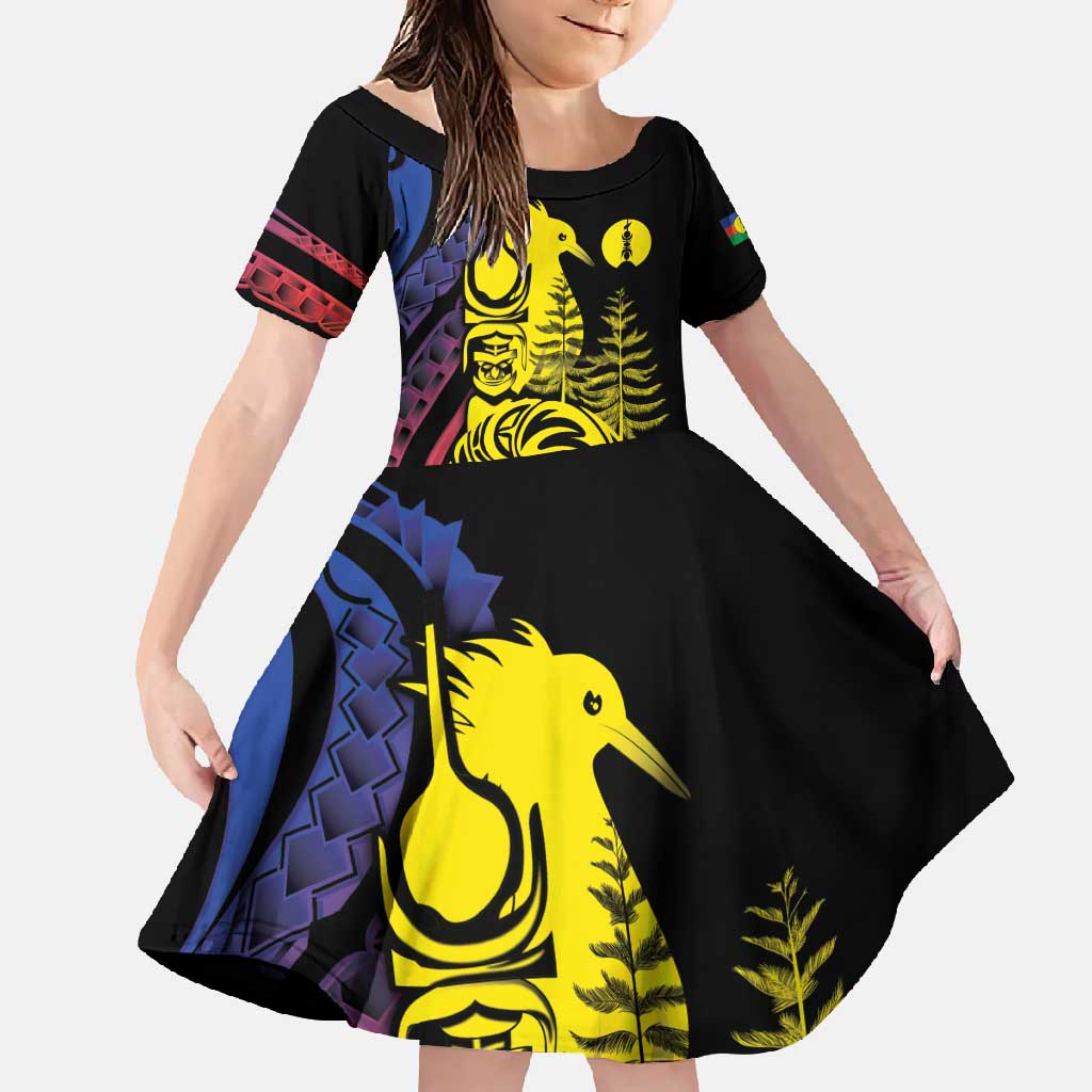 New Caledonia Kanaky Family Matching Summer Maxi Dress and Hawaiian Shirt Stylized Fleche Faitiere With Kagu Bird LT7 Daughter's Dress Black - Polynesian Pride