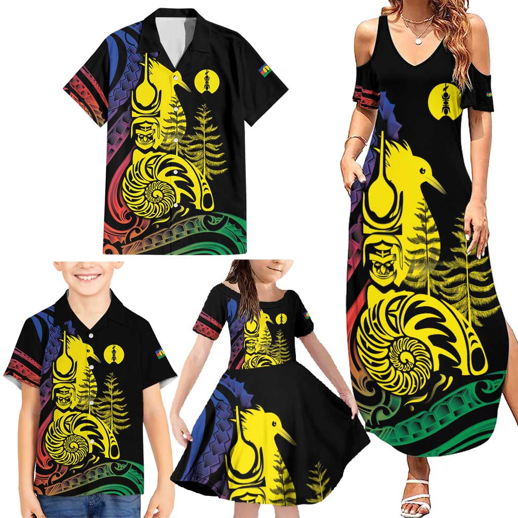 New Caledonia Kanaky Family Matching Summer Maxi Dress and Hawaiian Shirt Stylized Fleche Faitiere With Kagu Bird LT7 - Polynesian Pride