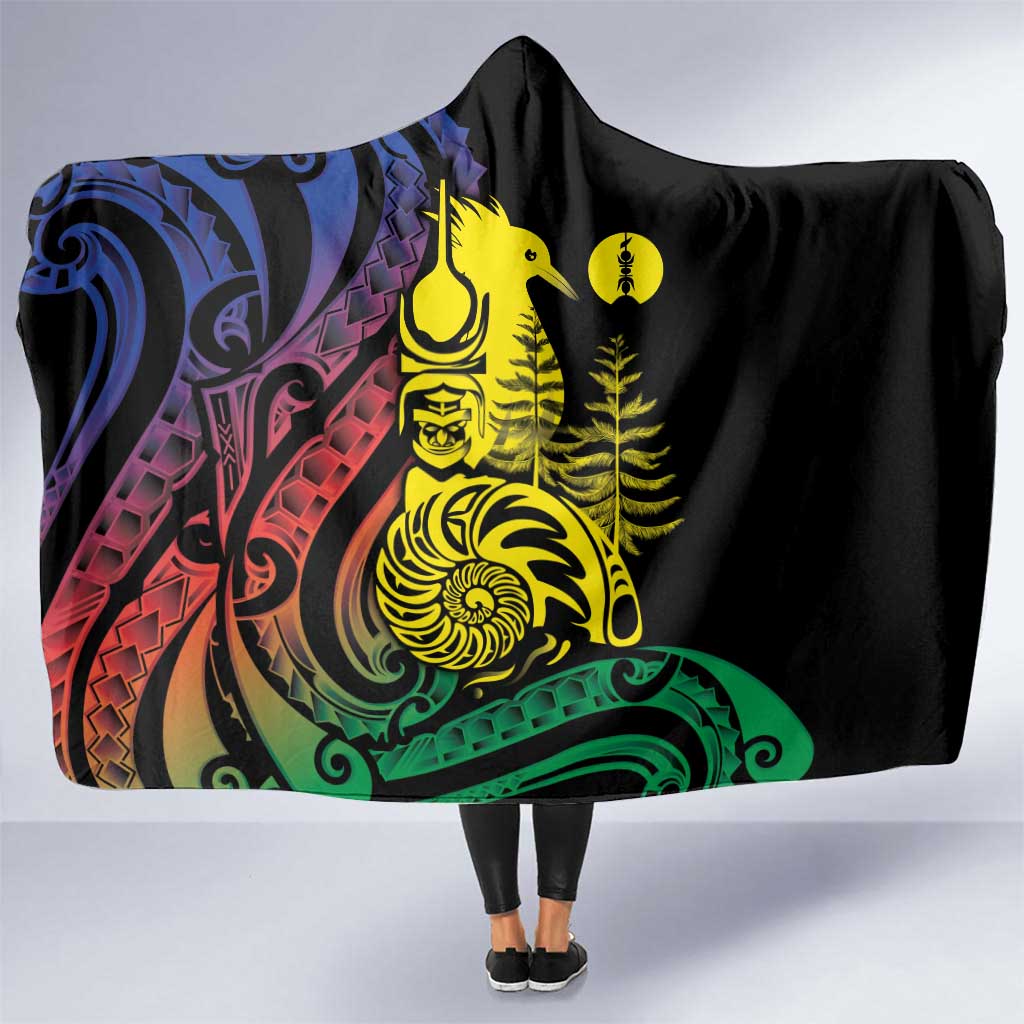 New Caledonia Kanaky Hooded Blanket Stylized Fleche Faitiere With Kagu Bird LT7 One Size Black - Polynesian Pride