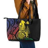 New Caledonia Kanaky Leather Tote Bag Stylized Fleche Faitiere With Kagu Bird
