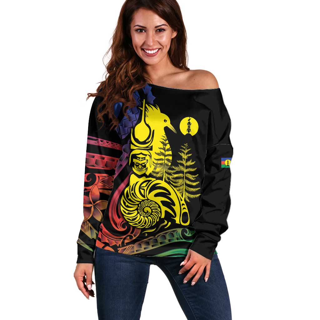 New Caledonia Kanaky Off Shoulder Sweater Stylized Fleche Faitiere With Kagu Bird