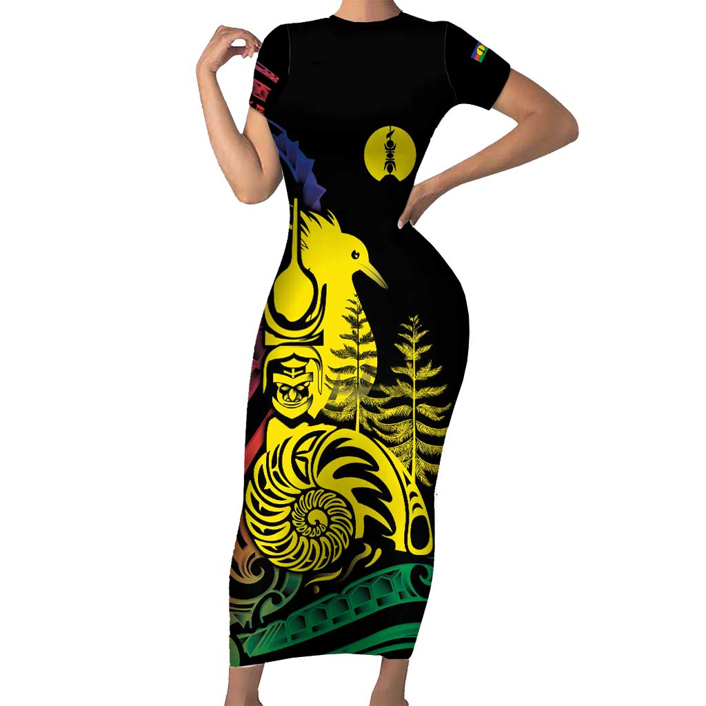 New Caledonia Kanaky Short Sleeve Bodycon Dress Stylized Fleche Faitiere With Kagu Bird