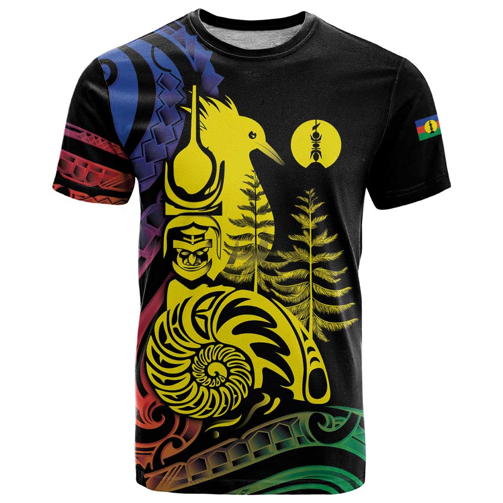 New Caledonia Kanaky T Shirt Stylized Fleche Faitiere With Kagu Bird LT7 Black - Polynesian Pride