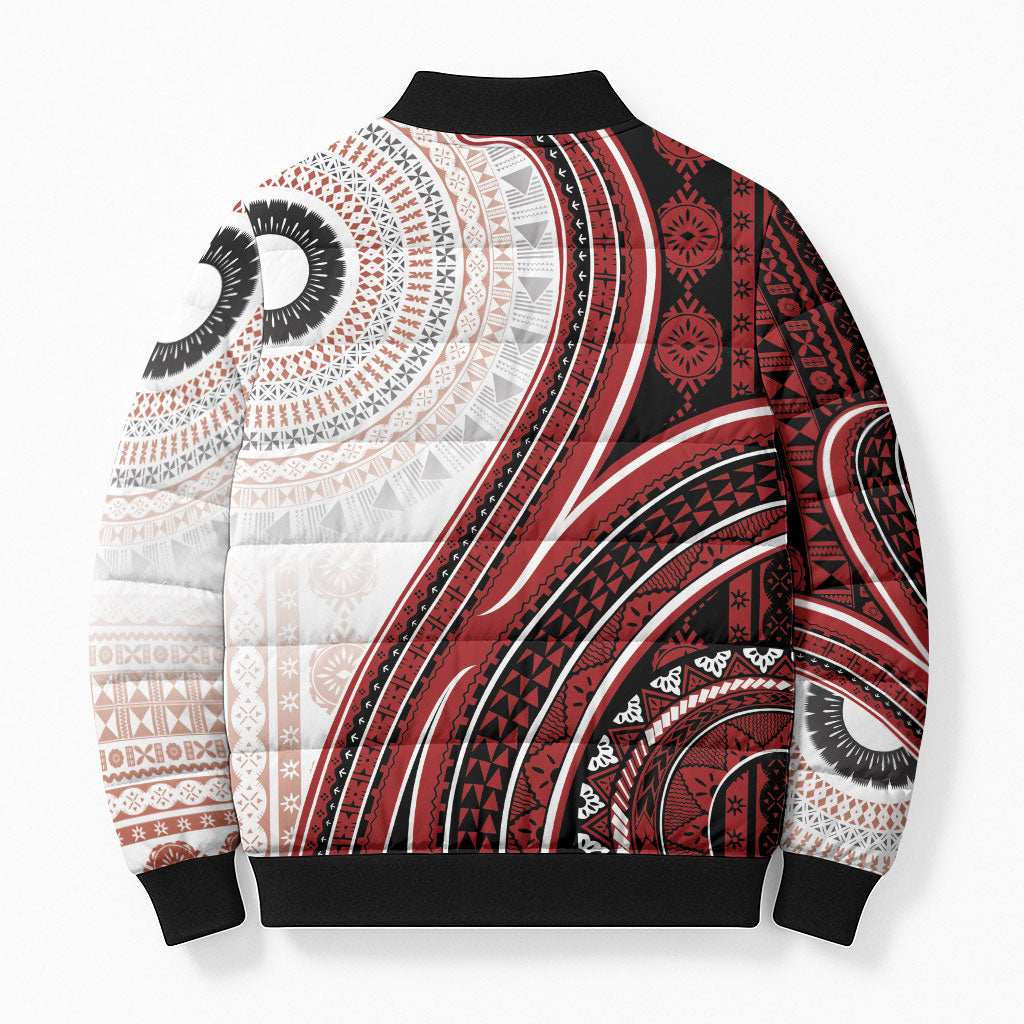 Bula Fiji Vintage Tapa Bomber Puffer Jacket Kaivity Masi Wave Motifs - Red