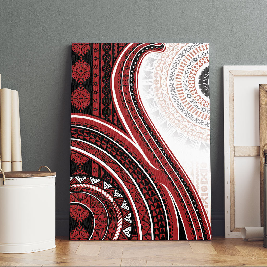 Bula Fiji Vintage Tapa Canvas Wall Art Kaivity Masi Wave Motifs - Red