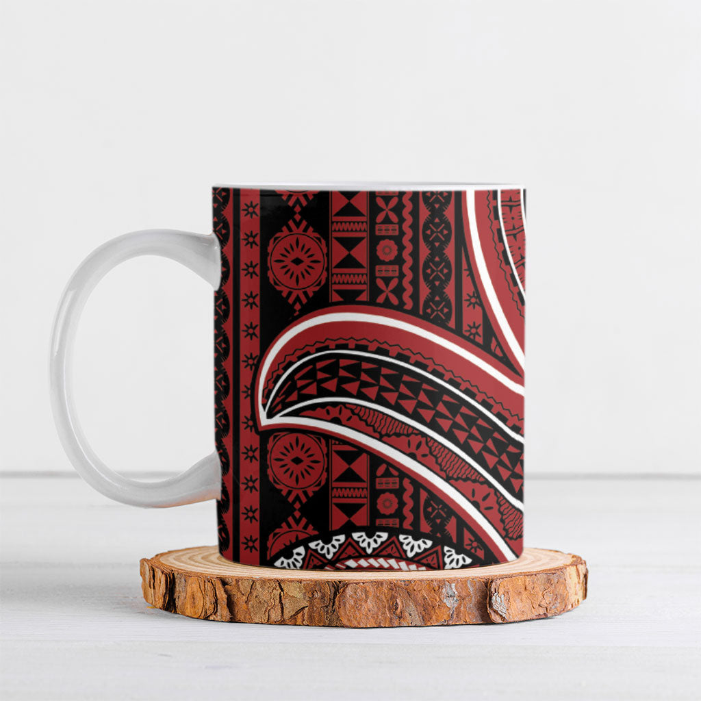 Bula Fiji Vintage Tapa Ceramic Mug Kaivity Masi Wave Motifs - Red