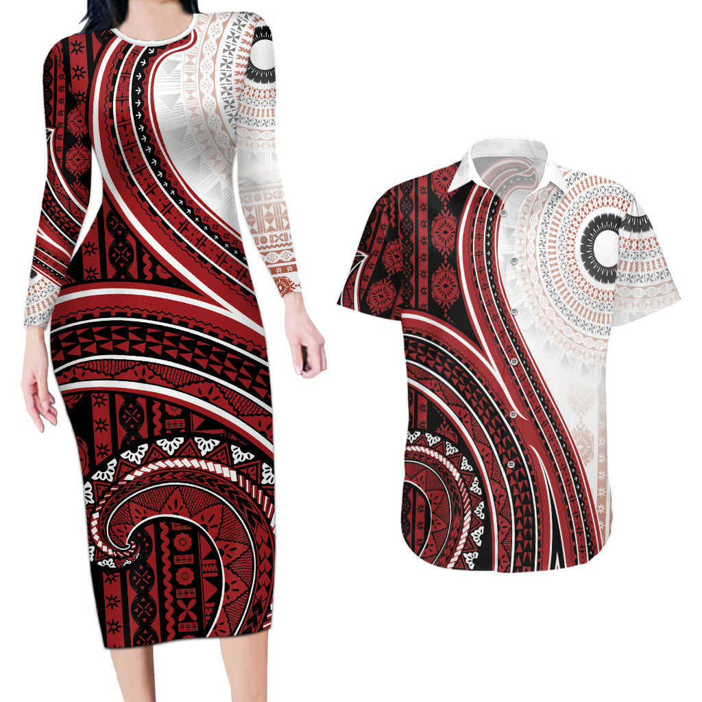 Bula Fiji Vintage Tapa Couples Matching Long Sleeve Bodycon Dress and Hawaiian Shirt Kaivity Masi Wave Motifs - Red LT7 Red - Polynesian Pride