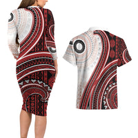 Bula Fiji Vintage Tapa Couples Matching Long Sleeve Bodycon Dress and Hawaiian Shirt Kaivity Masi Wave Motifs - Red LT7 - Polynesian Pride