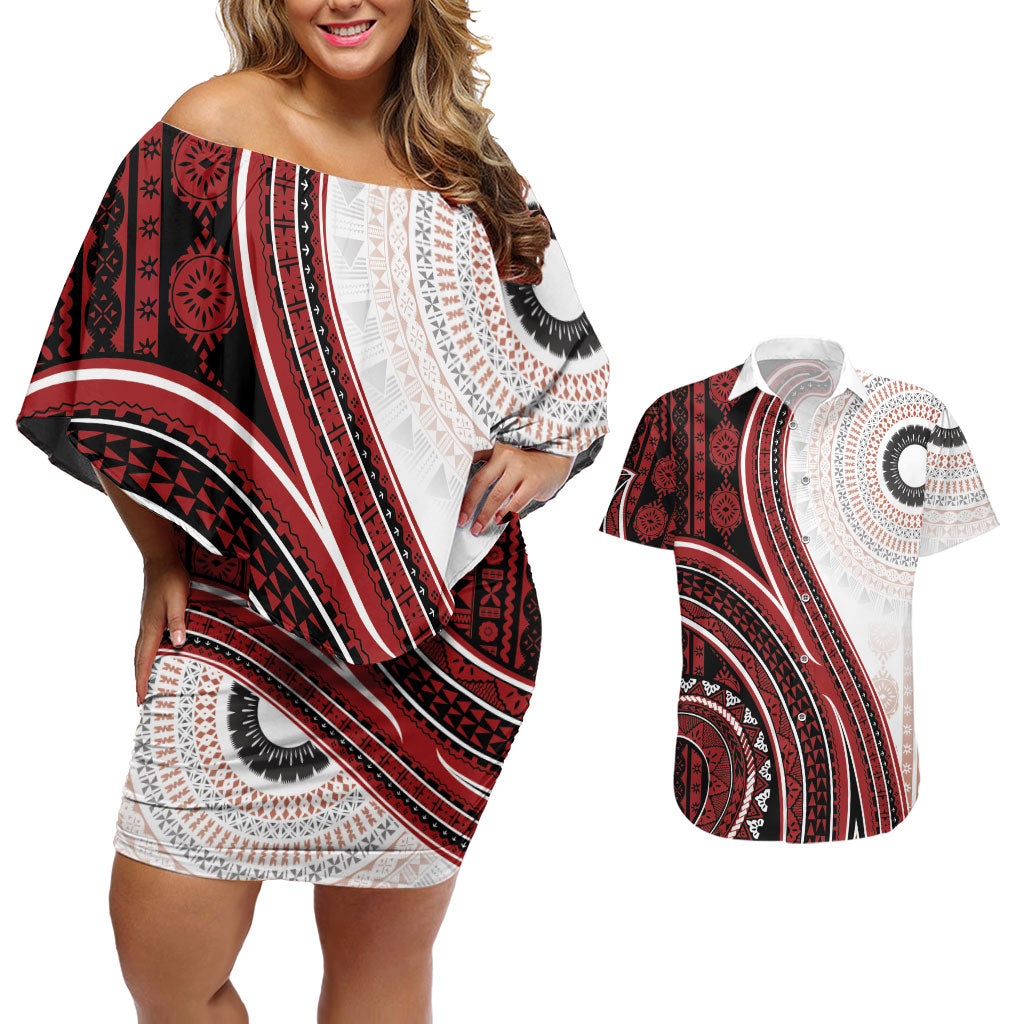Bula Fiji Vintage Tapa Couples Matching Off Shoulder Short Dress and Hawaiian Shirt Kaivity Masi Wave Motifs - Red LT7 Red - Polynesian Pride