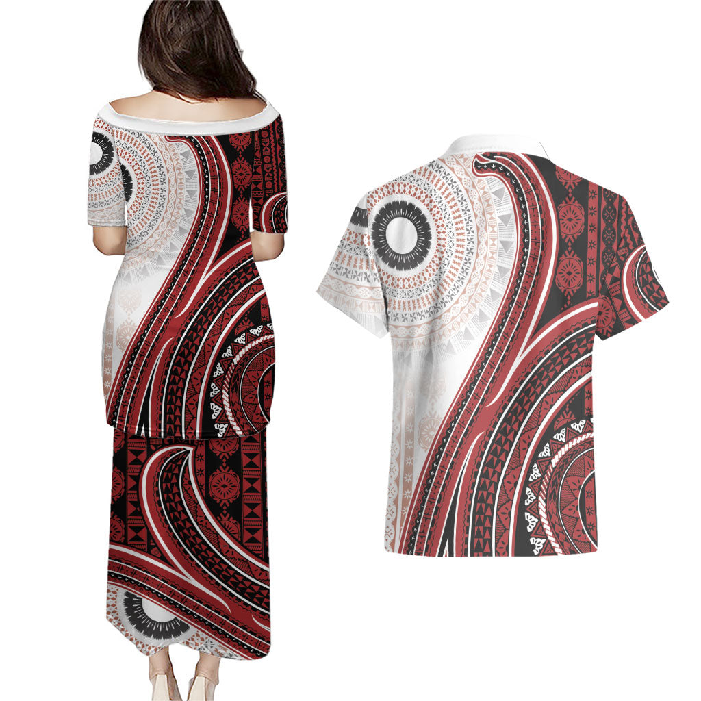 Bula Fiji Vintage Tapa Couples Matching Puletasi and Hawaiian Shirt Kaivity Masi Wave Motifs - Red