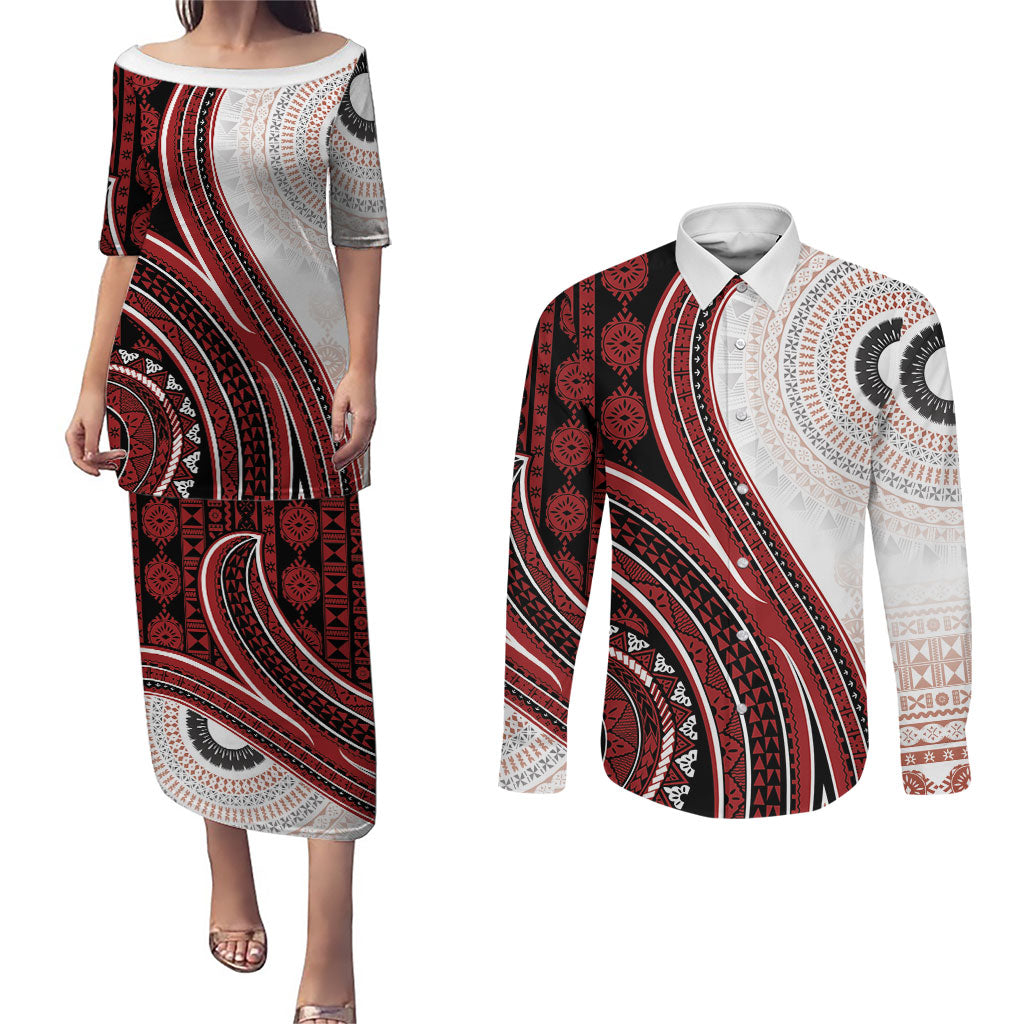 Bula Fiji Vintage Tapa Couples Matching Puletasi and Long Sleeve Button Shirt Kaivity Masi Wave Motifs - Red