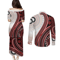 Bula Fiji Vintage Tapa Couples Matching Puletasi and Long Sleeve Button Shirt Kaivity Masi Wave Motifs - Red