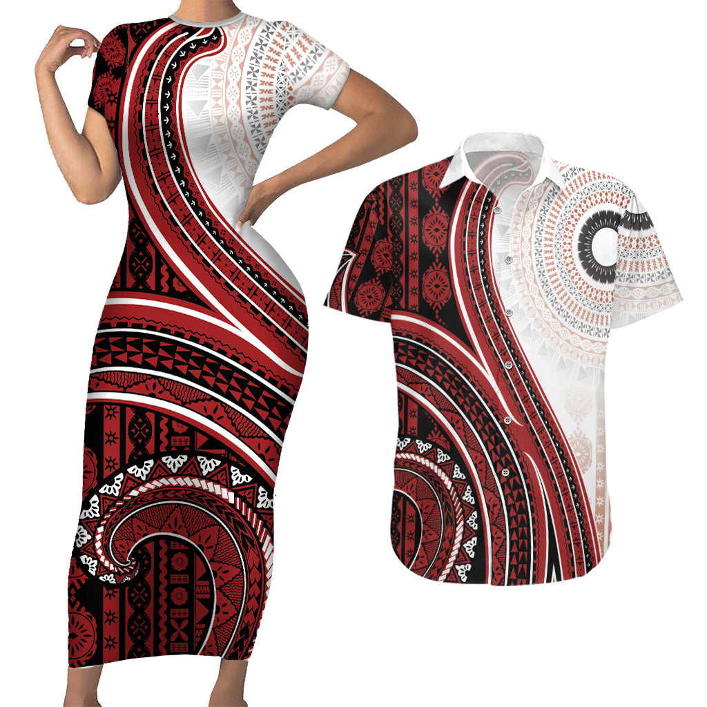 Bula Fiji Vintage Tapa Couples Matching Short Sleeve Bodycon Dress and Hawaiian Shirt Kaivity Masi Wave Motifs - Red LT7 Red - Polynesian Pride