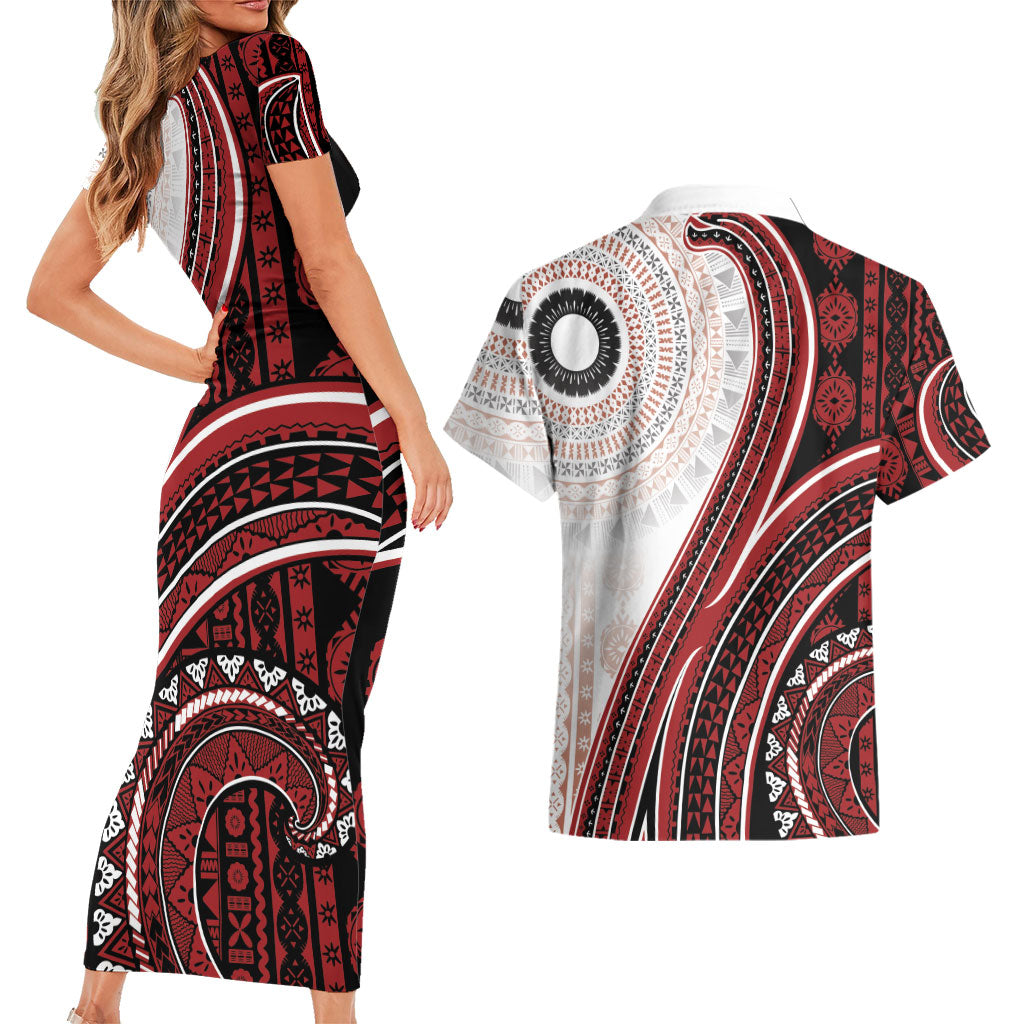 Bula Fiji Vintage Tapa Couples Matching Short Sleeve Bodycon Dress and Hawaiian Shirt Kaivity Masi Wave Motifs - Red LT7 - Polynesian Pride