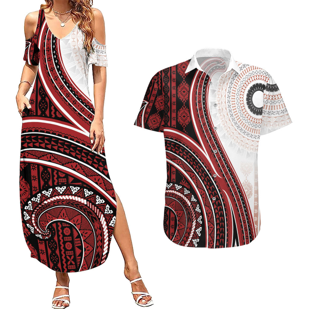 Bula Fiji Vintage Tapa Couples Matching Summer Maxi Dress and Hawaiian Shirt Kaivity Masi Wave Motifs - Red