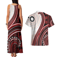 Bula Fiji Vintage Tapa Couples Matching Tank Maxi Dress and Hawaiian Shirt Kaivity Masi Wave Motifs - Red LT7 - Polynesian Pride