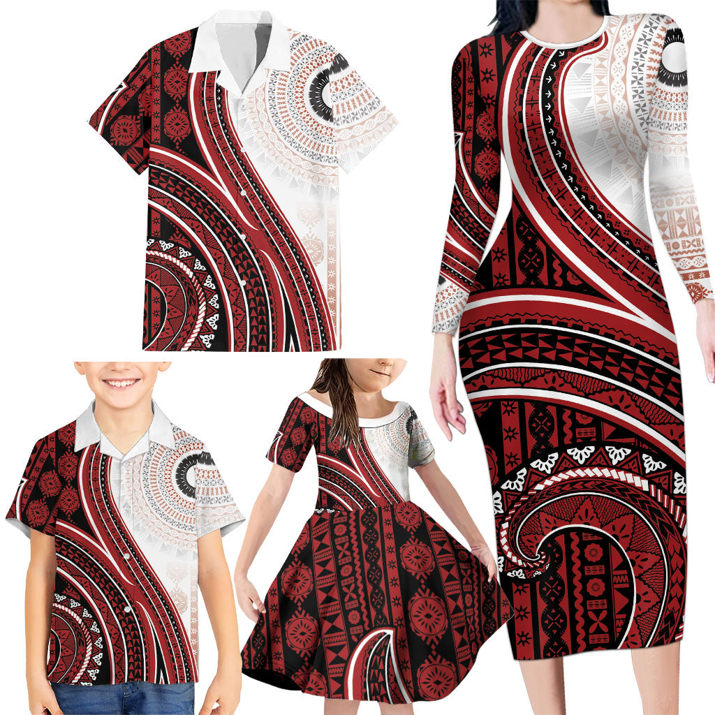 Bula Fiji Vintage Tapa Family Matching Long Sleeve Bodycon Dress and Hawaiian Shirt Kaivity Masi Wave Motifs - Red LT7 - Polynesian Pride