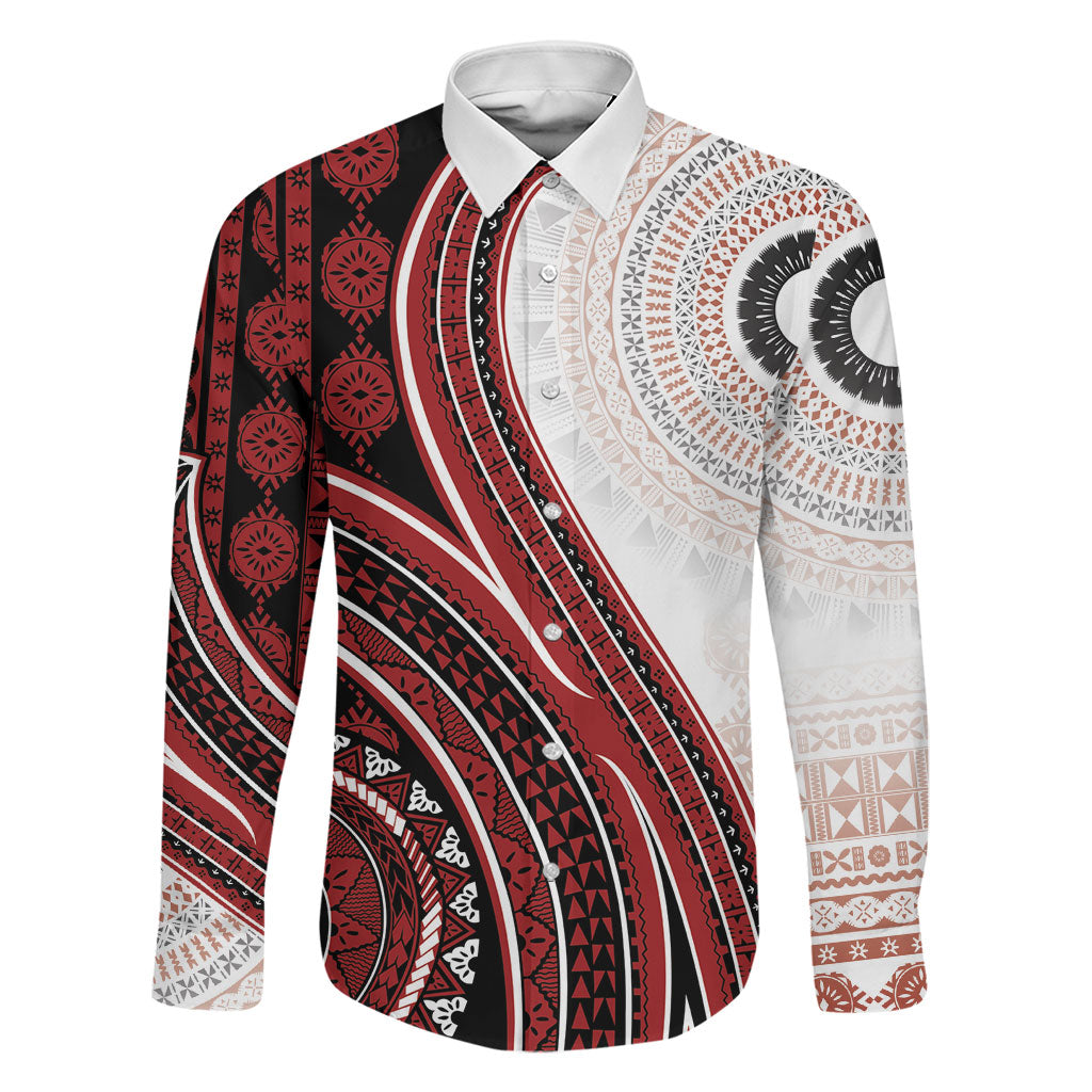 Bula Fiji Vintage Tapa Family Matching Long Sleeve Bodycon Dress and Hawaiian Shirt Kaivity Masi Wave Motifs - Red LT7 Dad's Shirt - Long Sleeve Red - Polynesian Pride