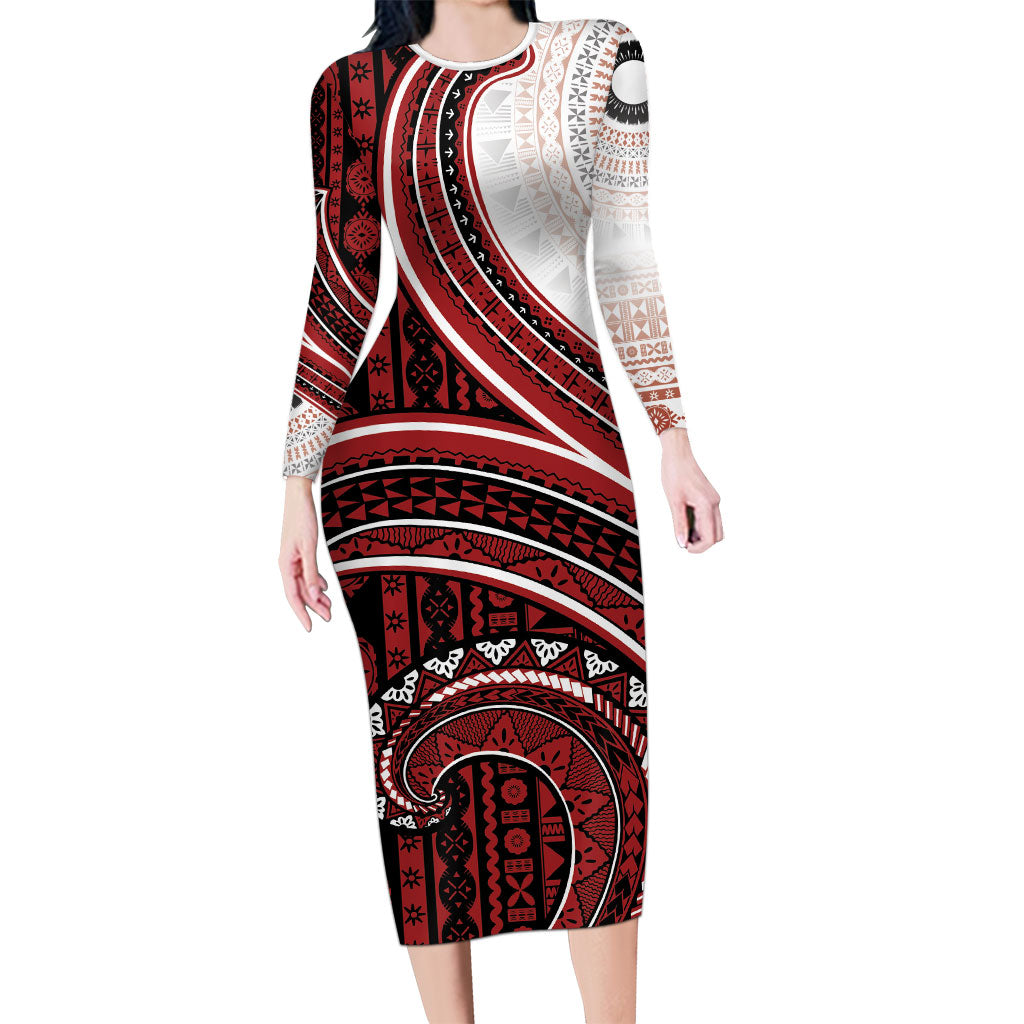 Bula Fiji Vintage Tapa Family Matching Long Sleeve Bodycon Dress and Hawaiian Shirt Kaivity Masi Wave Motifs - Red LT7 Mom's Dress Red - Polynesian Pride